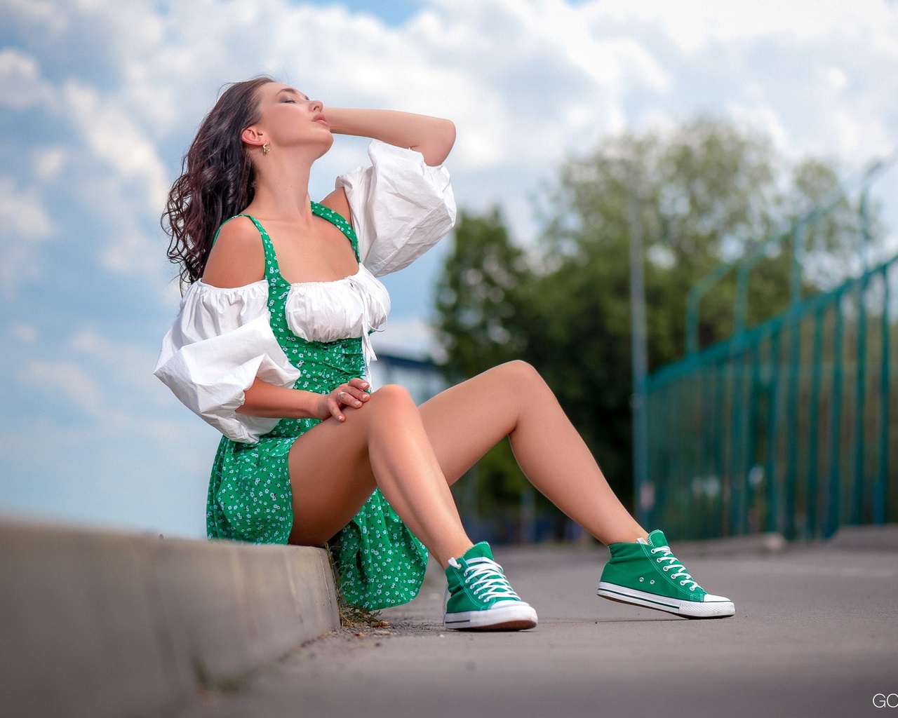 sergey gokk, women, model, brunette, women outdoors, closed eyes, sky, clouds, trees, sitting, converse, sneakers, green sneakers