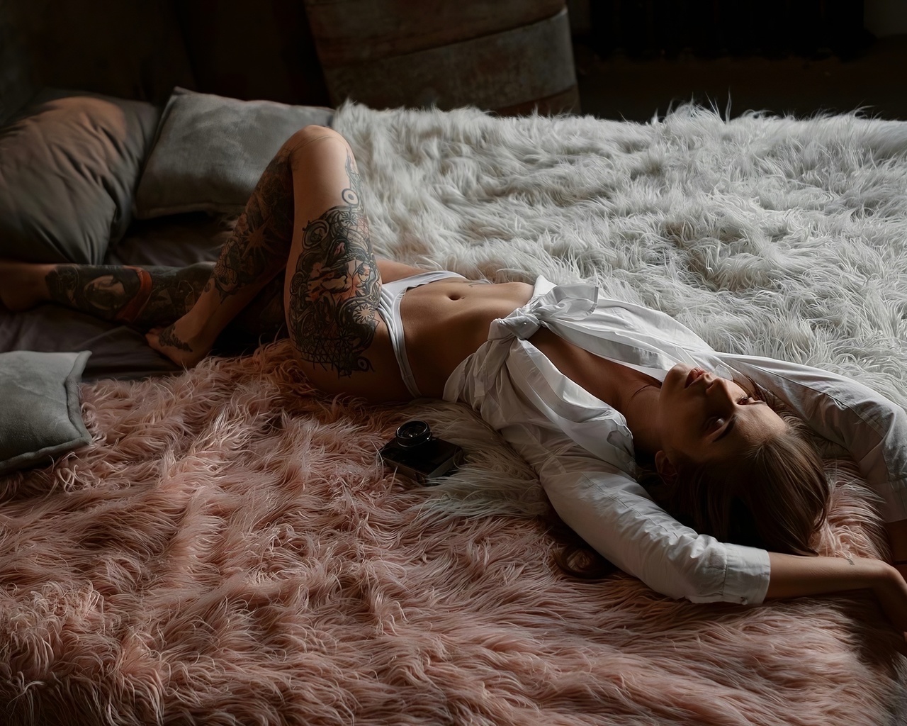 women, model, brunette, tattoo, white panties, ass, in bed, hips, camera, women indoors, panties, white shirt