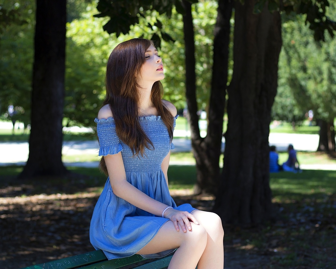 brunette, women, model, women outdoors, dress, blue dress, trees, beautiful, bench, park, closed eyes, people, public