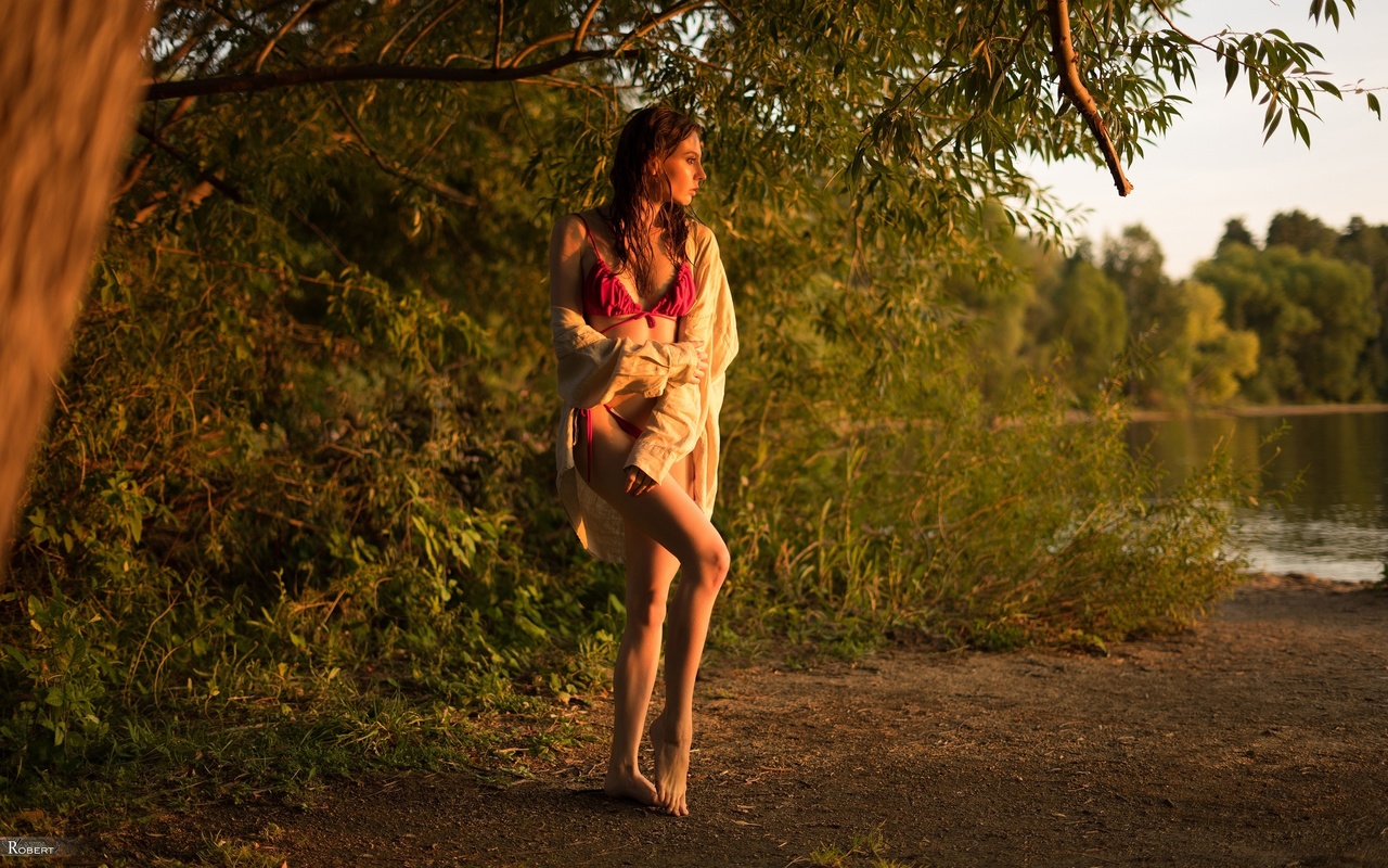 robert zazin, women, model, brunette, red bikini, women outdoors, nature, lake, trees, bikini