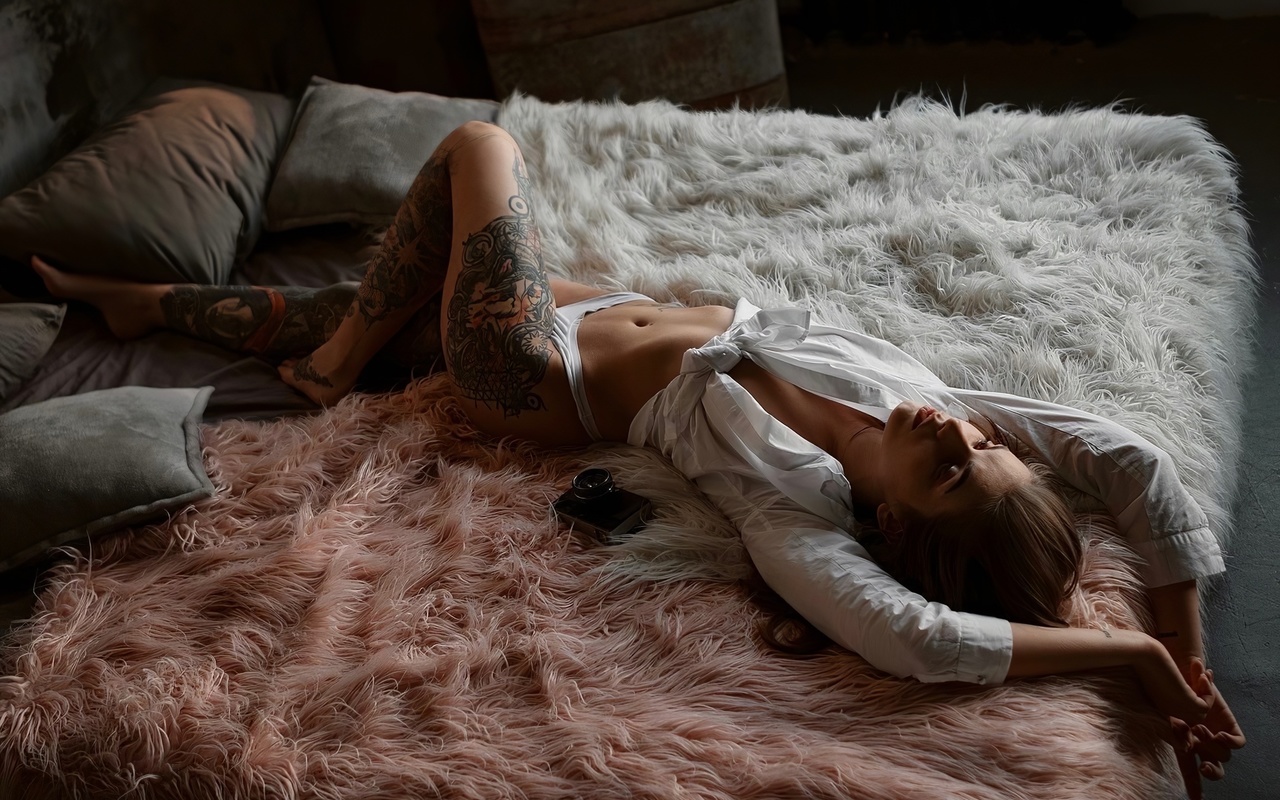 women, model, brunette, tattoo, white panties, ass, in bed, hips, camera, women indoors, panties, white shirt