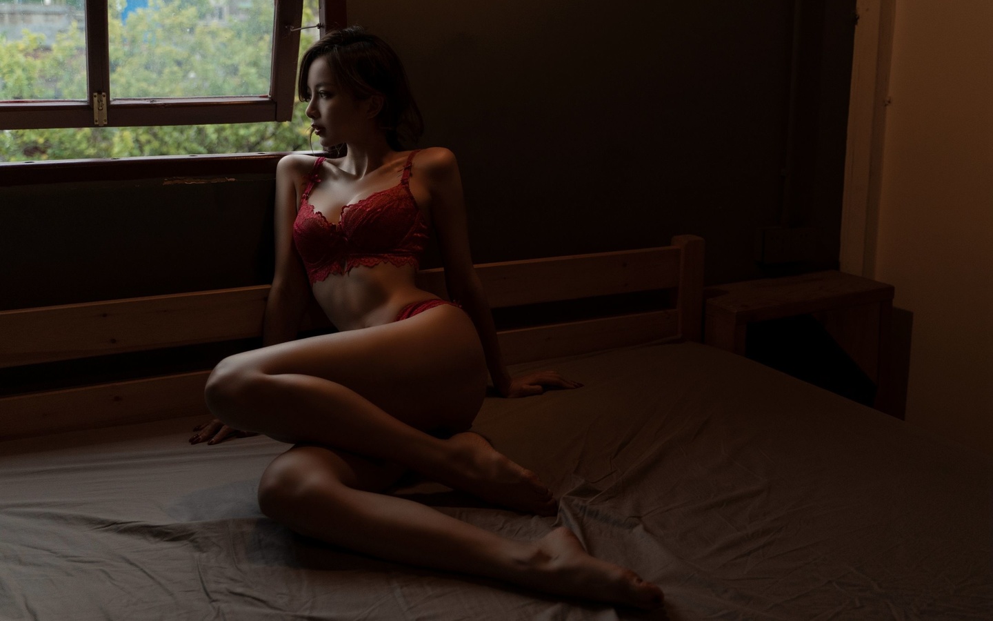 asian, women, model, brunette, women indoors, red bra, red panties, red lingerie, in bed, ass, window, hips