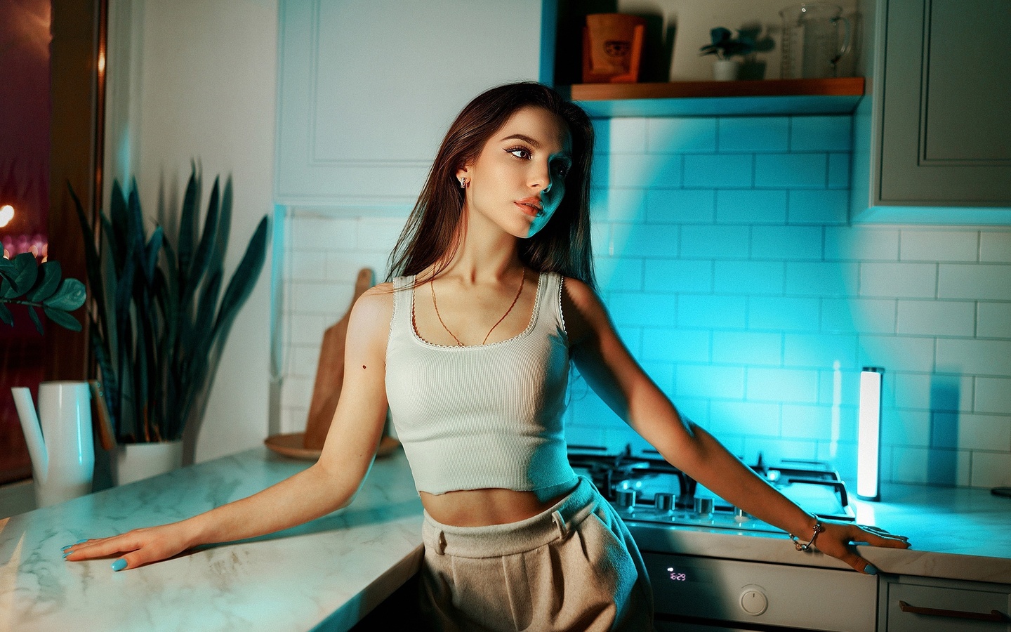 women, model, brunette, kitchen, women indoors, tank top, white tank top, shorts, white shorts, short tops, plants