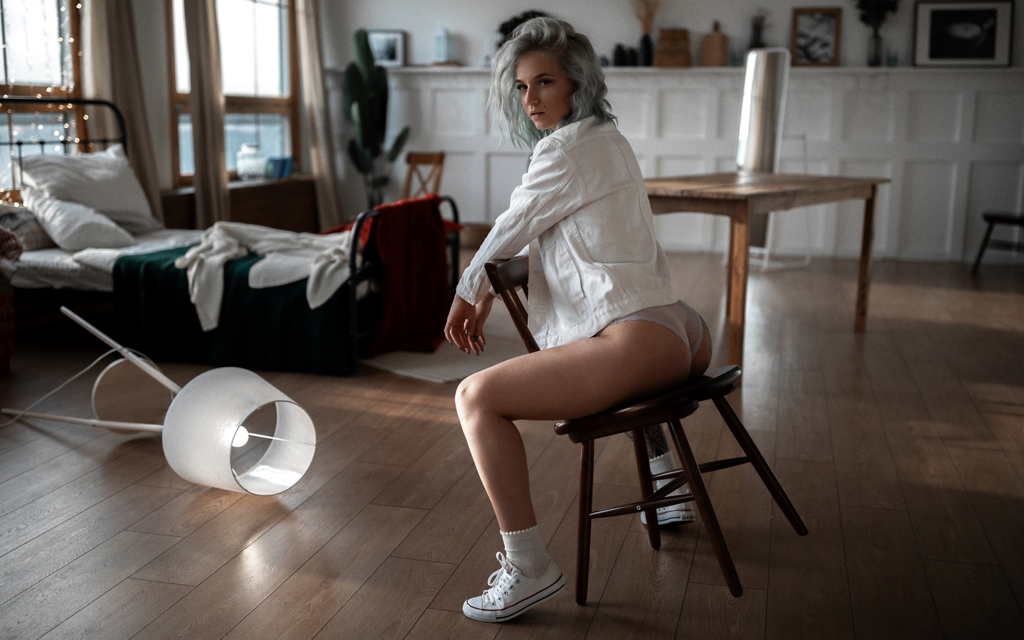 panties, chair, ass, women, model, brunette, blonde, bed, lamp, women indoors, white jacket, denim jacket, sneakers, table, window, wooden chair, short socks, tattoo