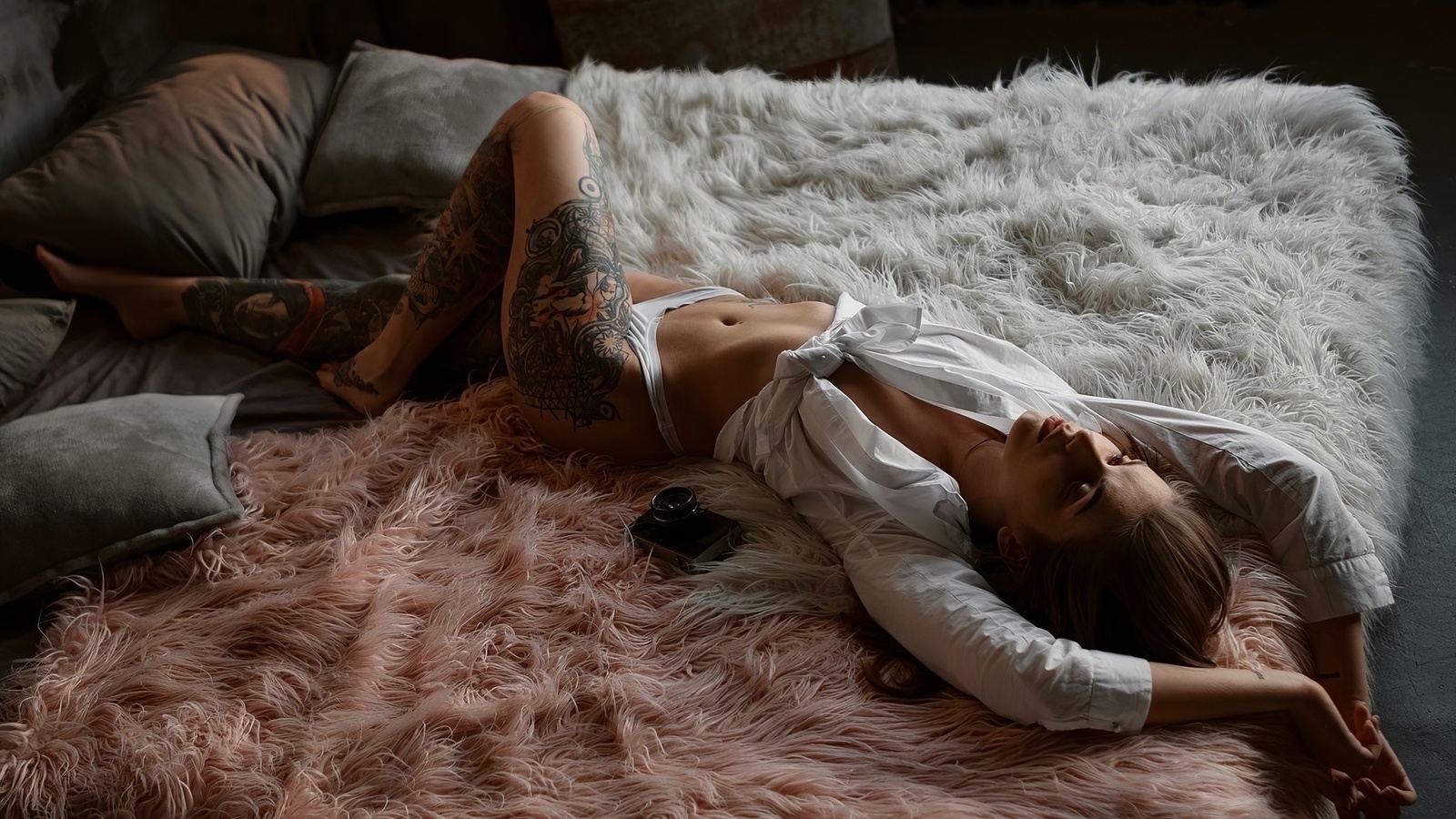 women, model, brunette, tattoo, white panties, ass, in bed, hips, camera, women indoors, panties, white shirt