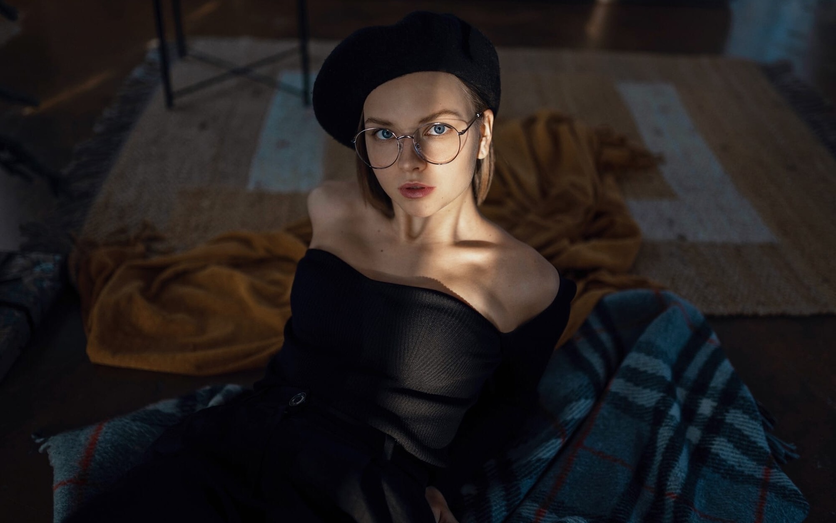 women with glasses, women indoors, berets, beret, beautiful, women, model, brunette, glasses, black dress, dress