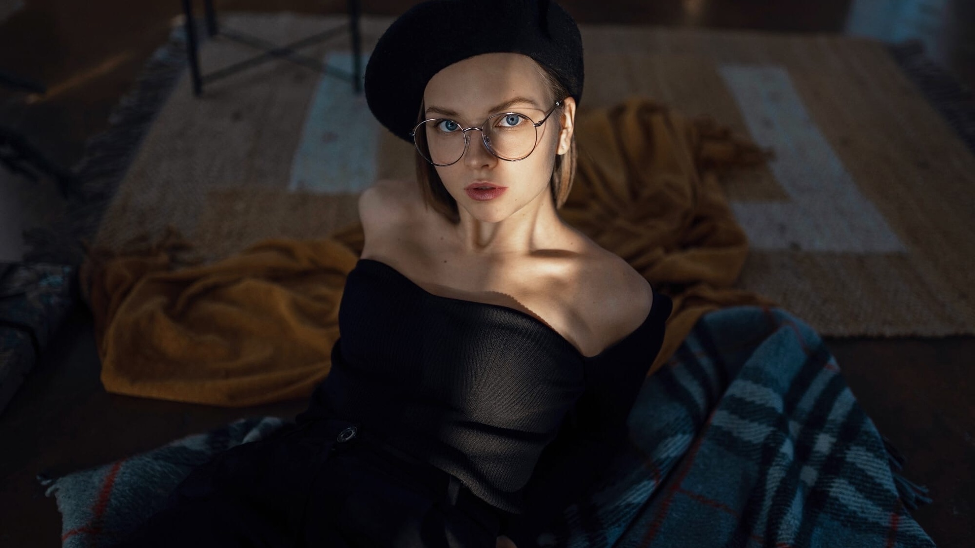 women with glasses, women indoors, berets, beret, beautiful, women, model, brunette, glasses, black dress, dress