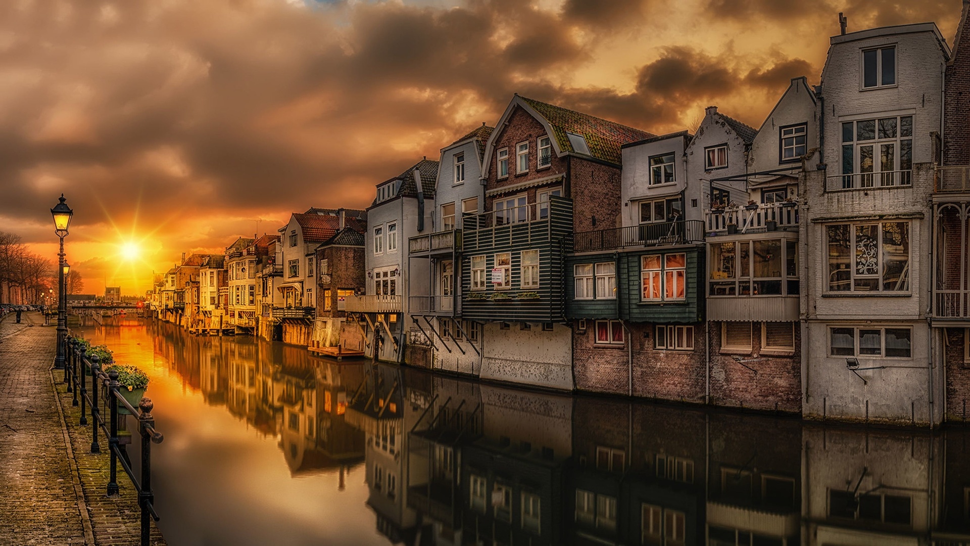 sunset in gorinchem, steenenhoek canal, netherlands. landscape