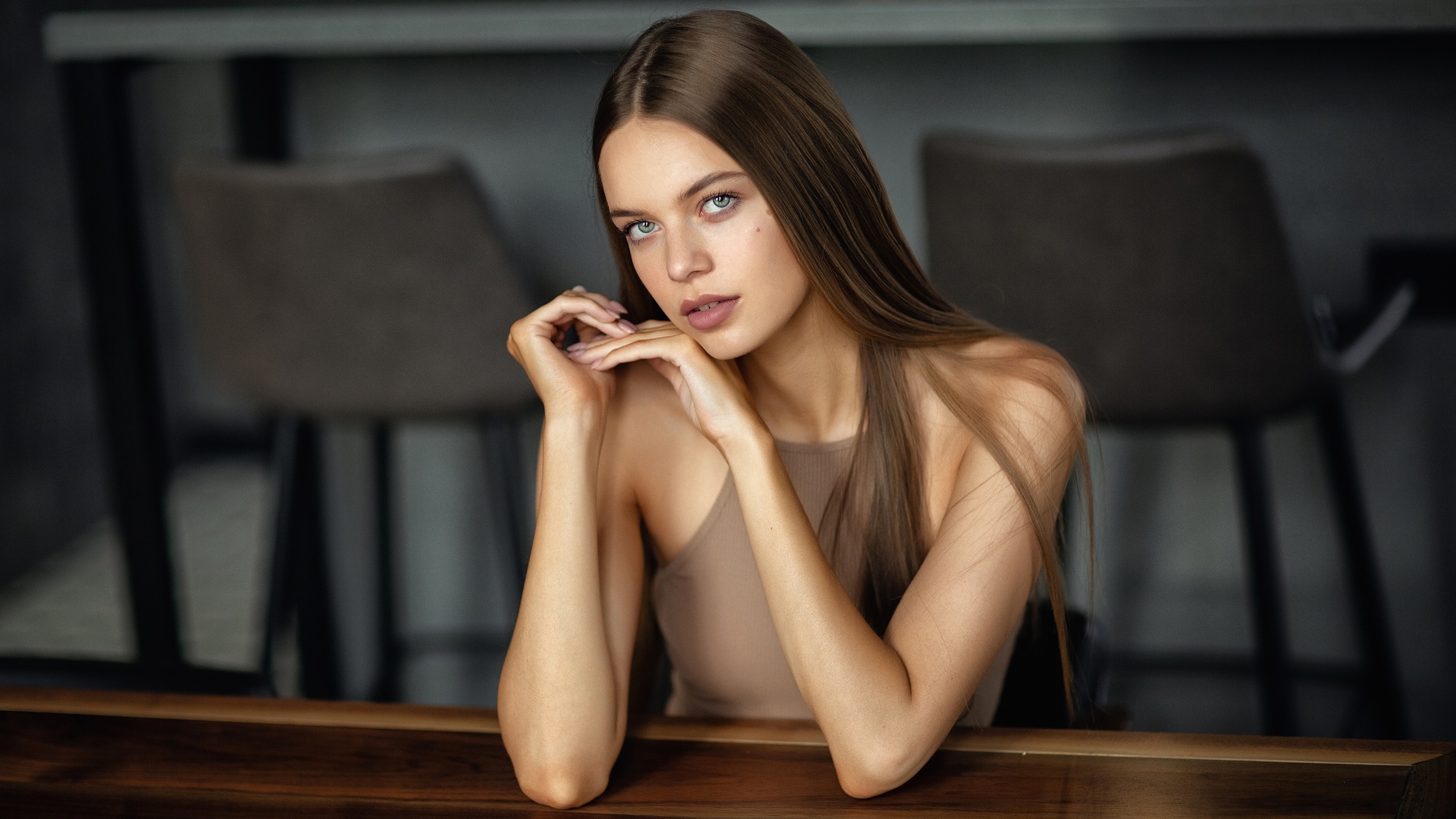 anastasia barmina, brunette, women, model, women indoors, table, wooden table, beautiful, dress, chair, looking at viewer