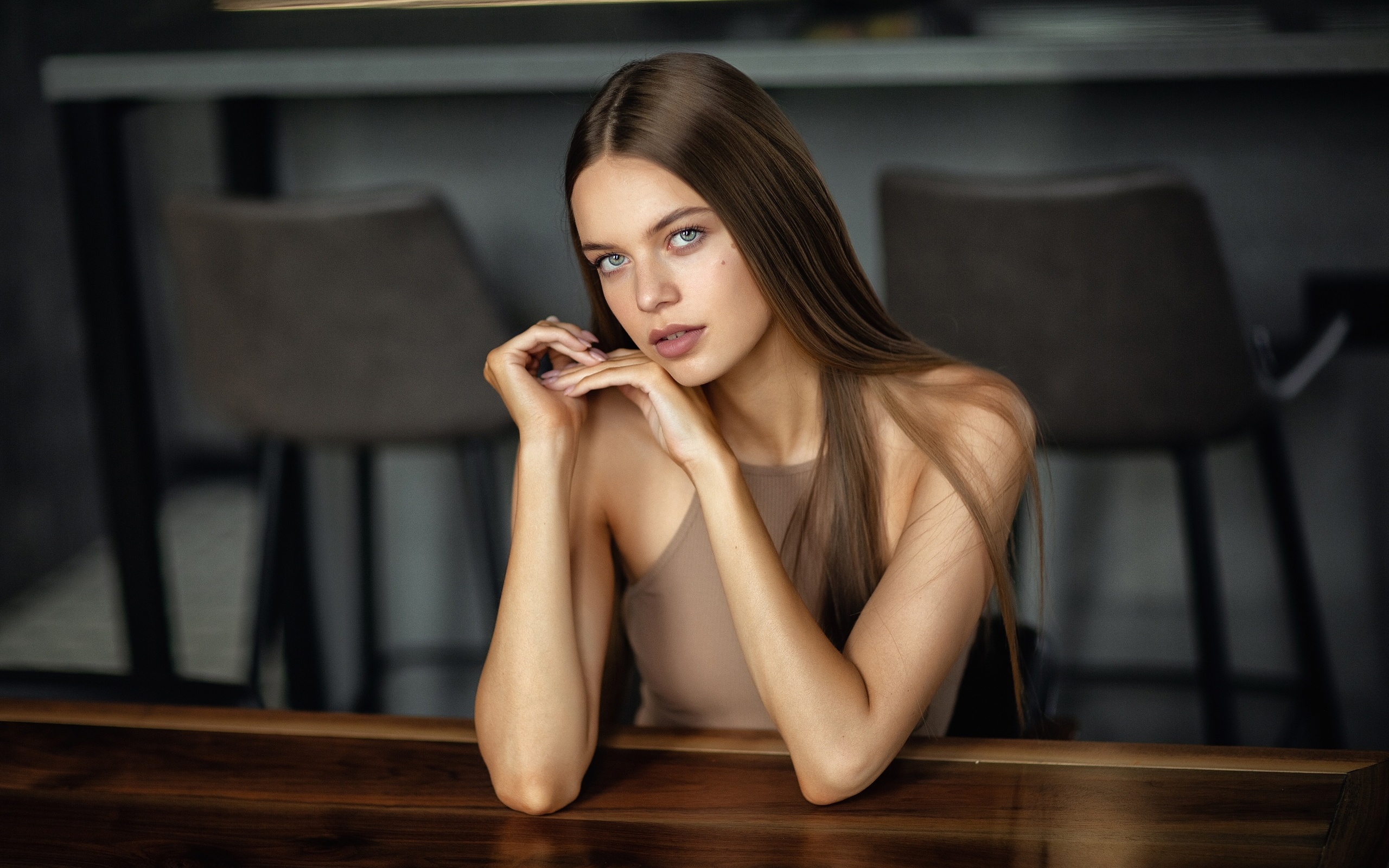 anastasia barmina, brunette, women, model, women indoors, table, wooden table, beautiful, dress, chair, looking at viewer