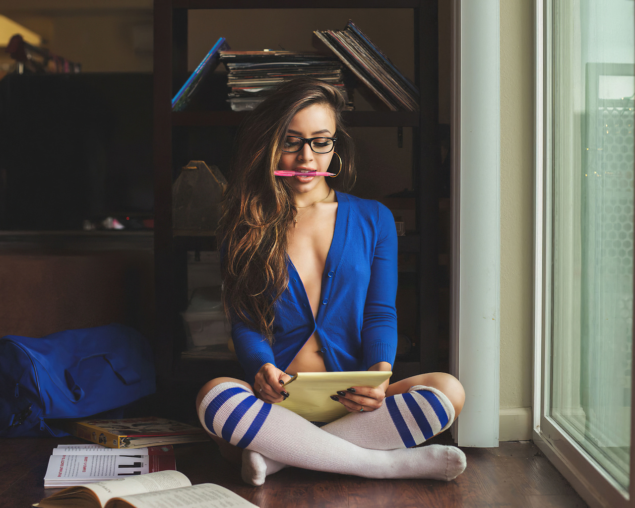 women with glasses, sweater, blue sweater, women, model, brunette, women indoors, knee-highs, knee high socks, books, black nails, pens, on the floor