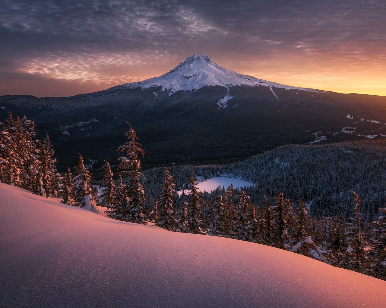 nature, , snow, sky, clouds, trees, lake, landscape, snowy peak, mountains