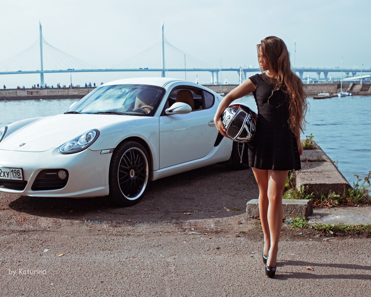 porsche 911, porsche 991, vehicle, porsche, car, white cars, helmet, motorbike helmet, women outdoors, women, model, brunette, sky, clouds, black dress, bridge, water