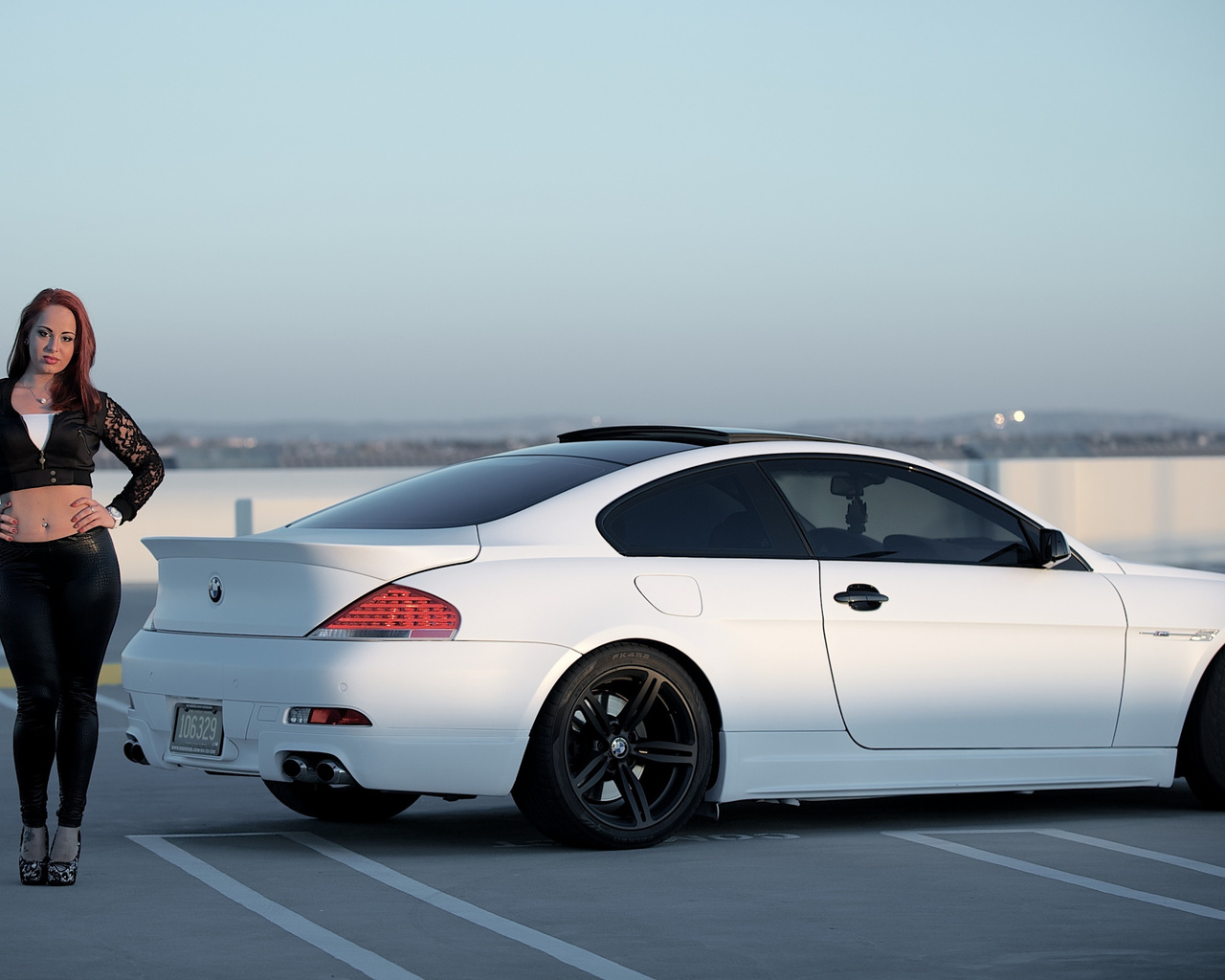 white, bmw, car, model, babe, beauty, outdoors, black rims