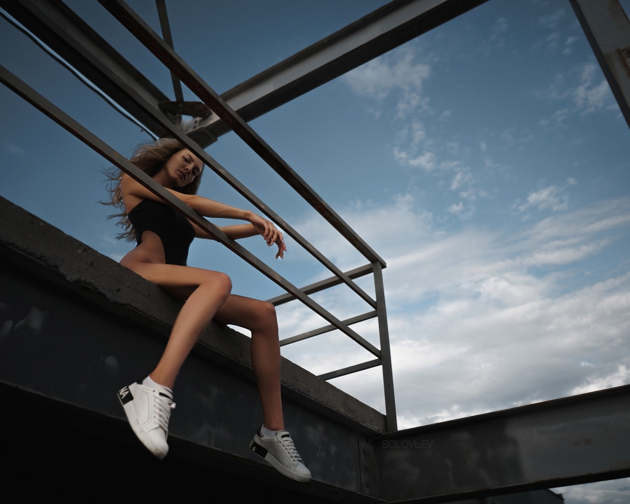 artem solovev, monokinis, women outdoors, hips, sky, clouds, rooftops, ass, women, model, blonde, sneakers, white sneakers