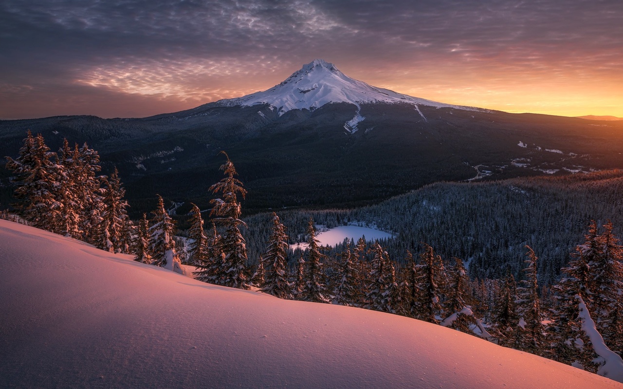 nature, , snow, sky, clouds, trees, lake, landscape, snowy peak, mountains