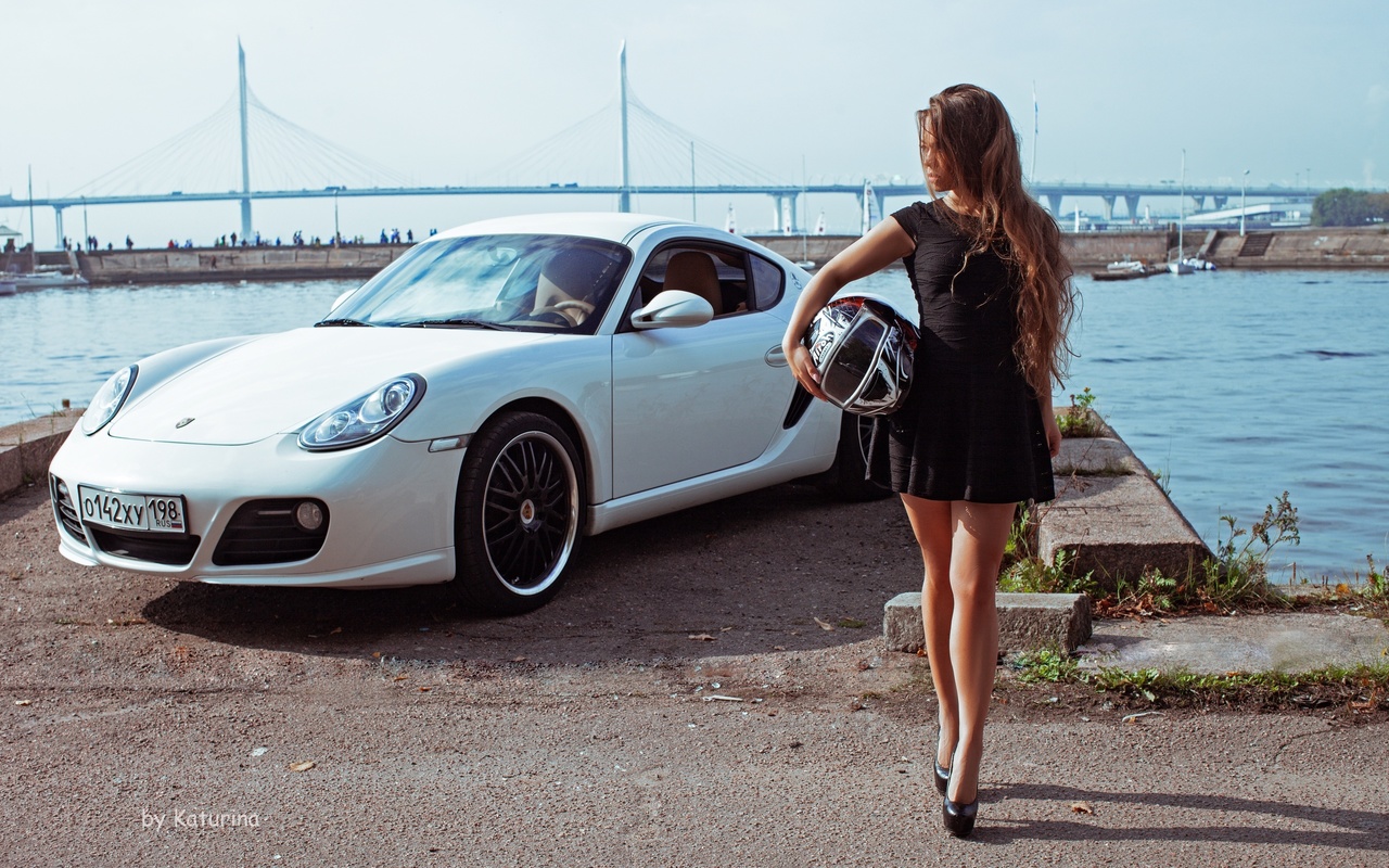 porsche 911, porsche 991, vehicle, porsche, car, white cars, helmet, motorbike helmet, women outdoors, women, model, brunette, sky, clouds, black dress, bridge, water