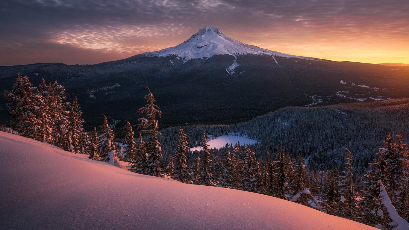 nature, , snow, sky, clouds, trees, lake, landscape, snowy peak, mountains