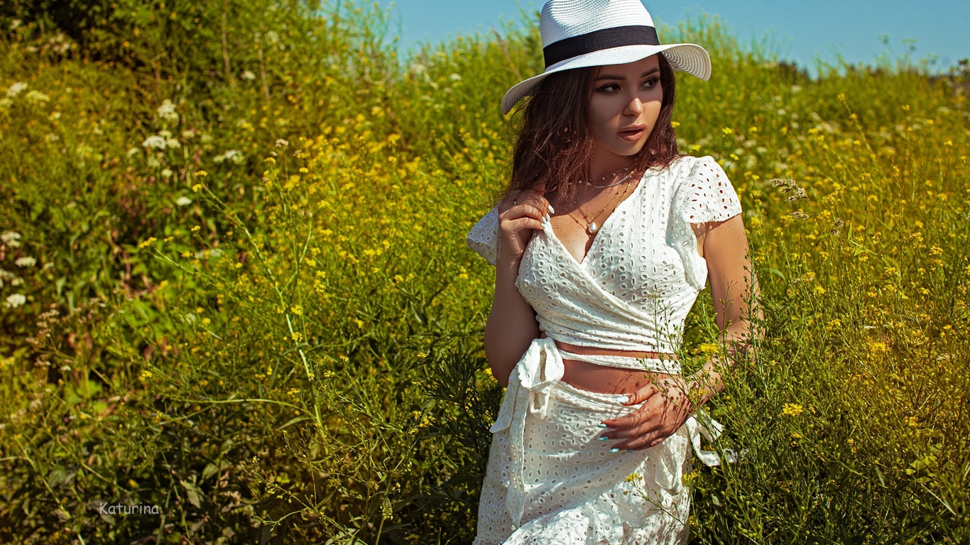 nature, flowers, plants, women outdoors, brunette, women, model, sky, white clothing, white hat, white skirt, white nails