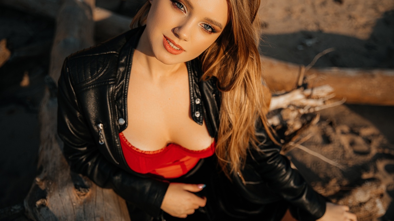 black jacket, leather jacket, women outdoors, blonde, model, women, neckline, beautiful, looking at viewer