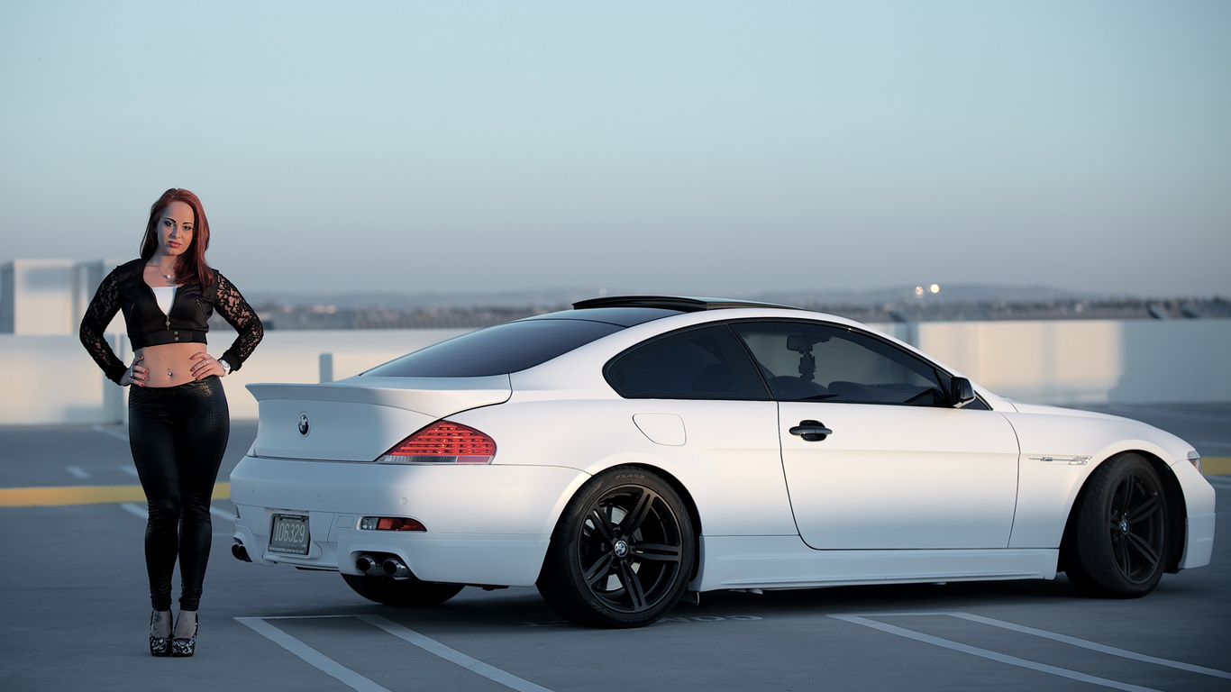 white, bmw, car, model, babe, beauty, outdoors, black rims