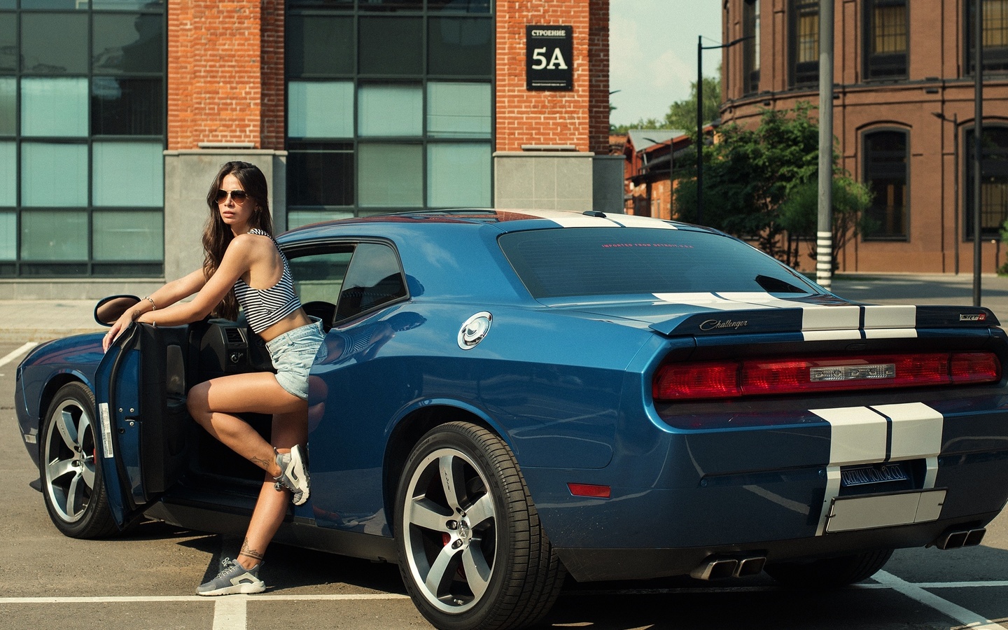 vladimir nabokov, alla kolibri, dodge challenger, coupe, blue cars, car, vehicle, dodge, muscle cars, american cars, city, jean shorts, brunette, women, model, women outdoors, shorts, short tops, tattoo, sneakers, women with glasses, sunglasses, women wit