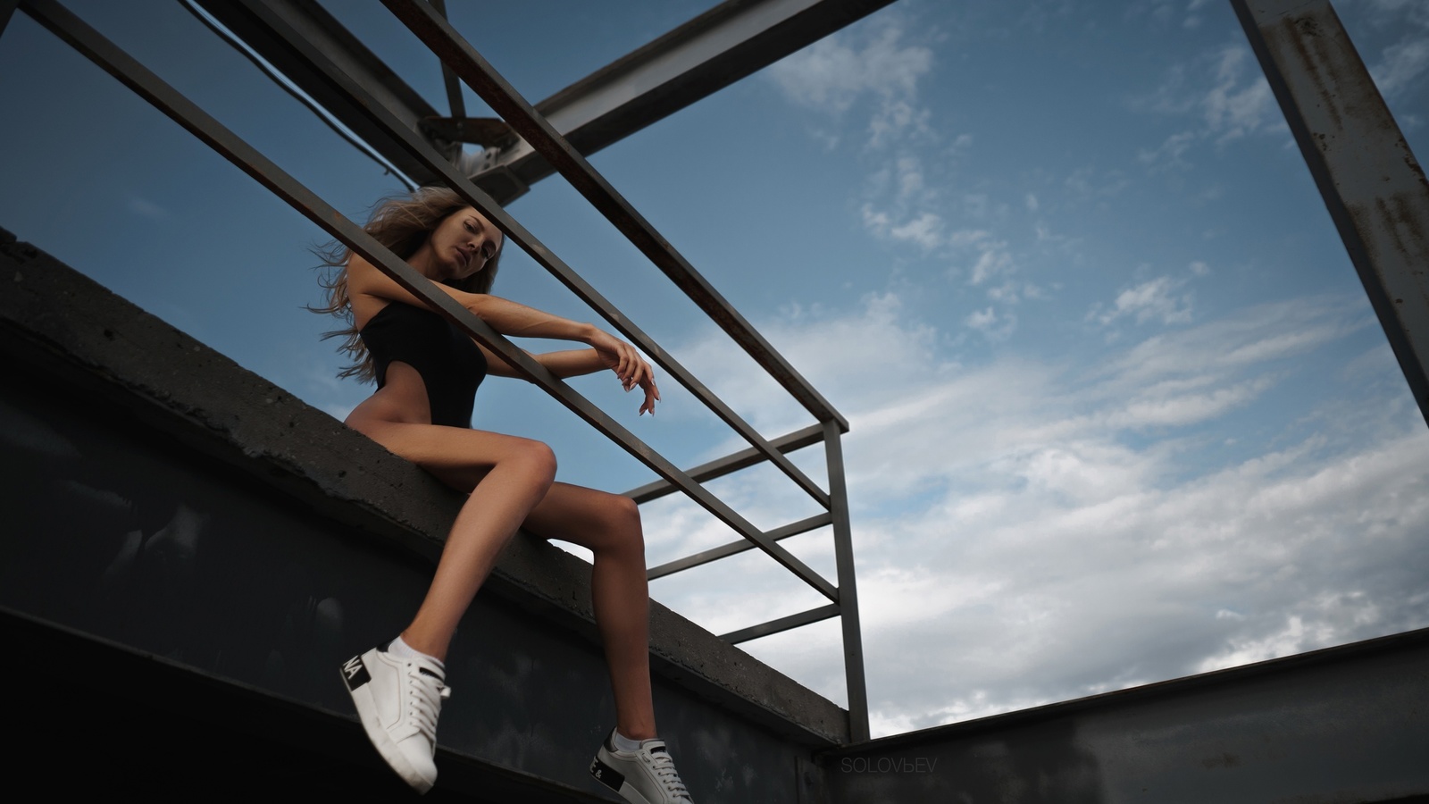 artem solovev, monokinis, women outdoors, hips, sky, clouds, rooftops, ass, women, model, blonde, sneakers, white sneakers