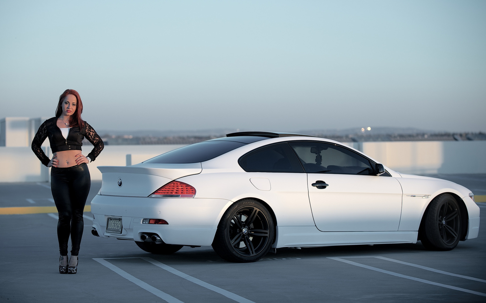 white, bmw, car, model, babe, beauty, outdoors, black rims