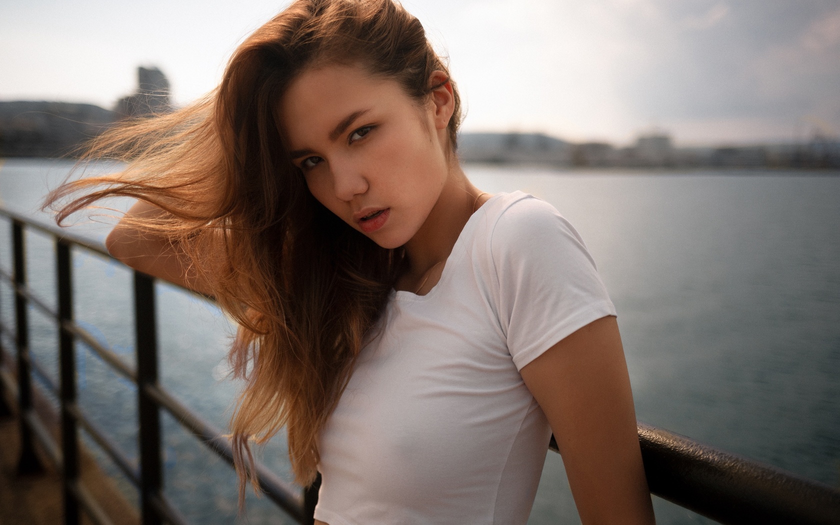 t-shirt, white t-shirt, sky, clouds, women outdoors, short tops, brunette, model, women, river, girl, water, looking at viewer