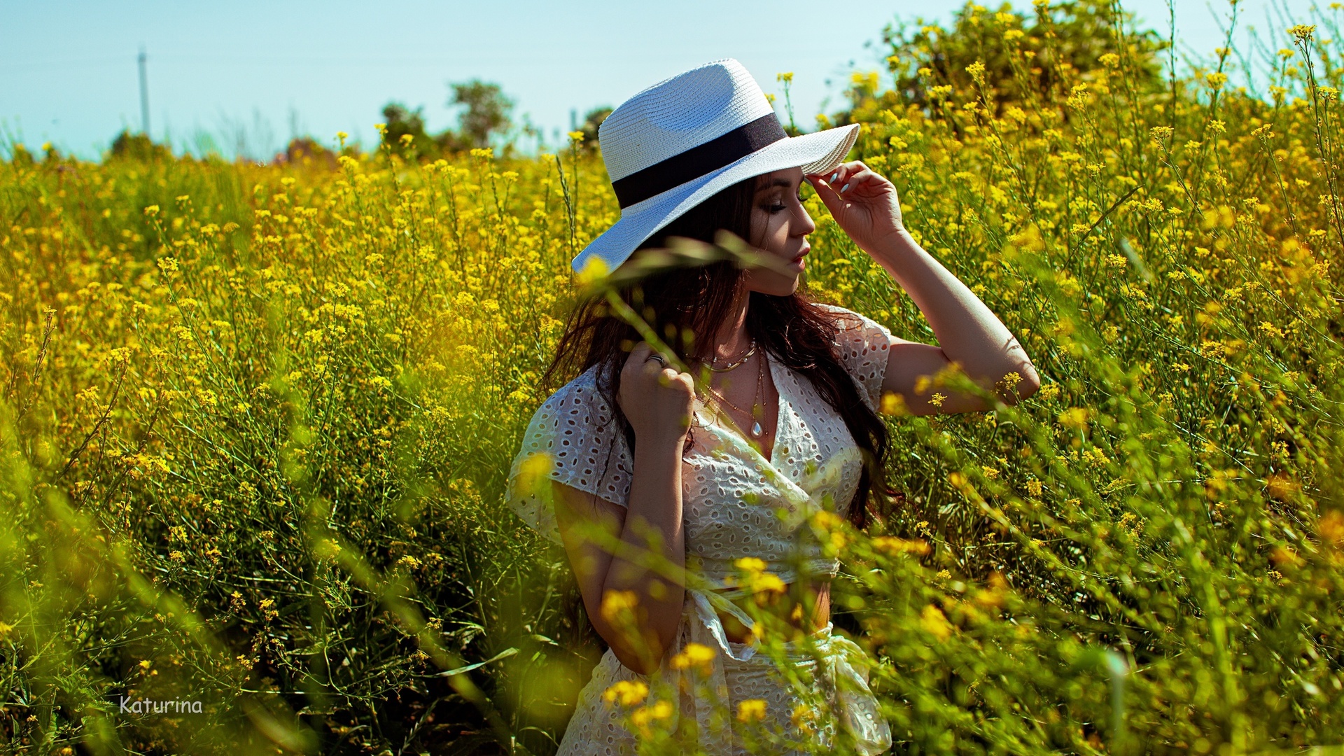 nature, flowers, plants, women outdoors, brunette, women, model, sky, white clothing, white hat, white skirt, white nails