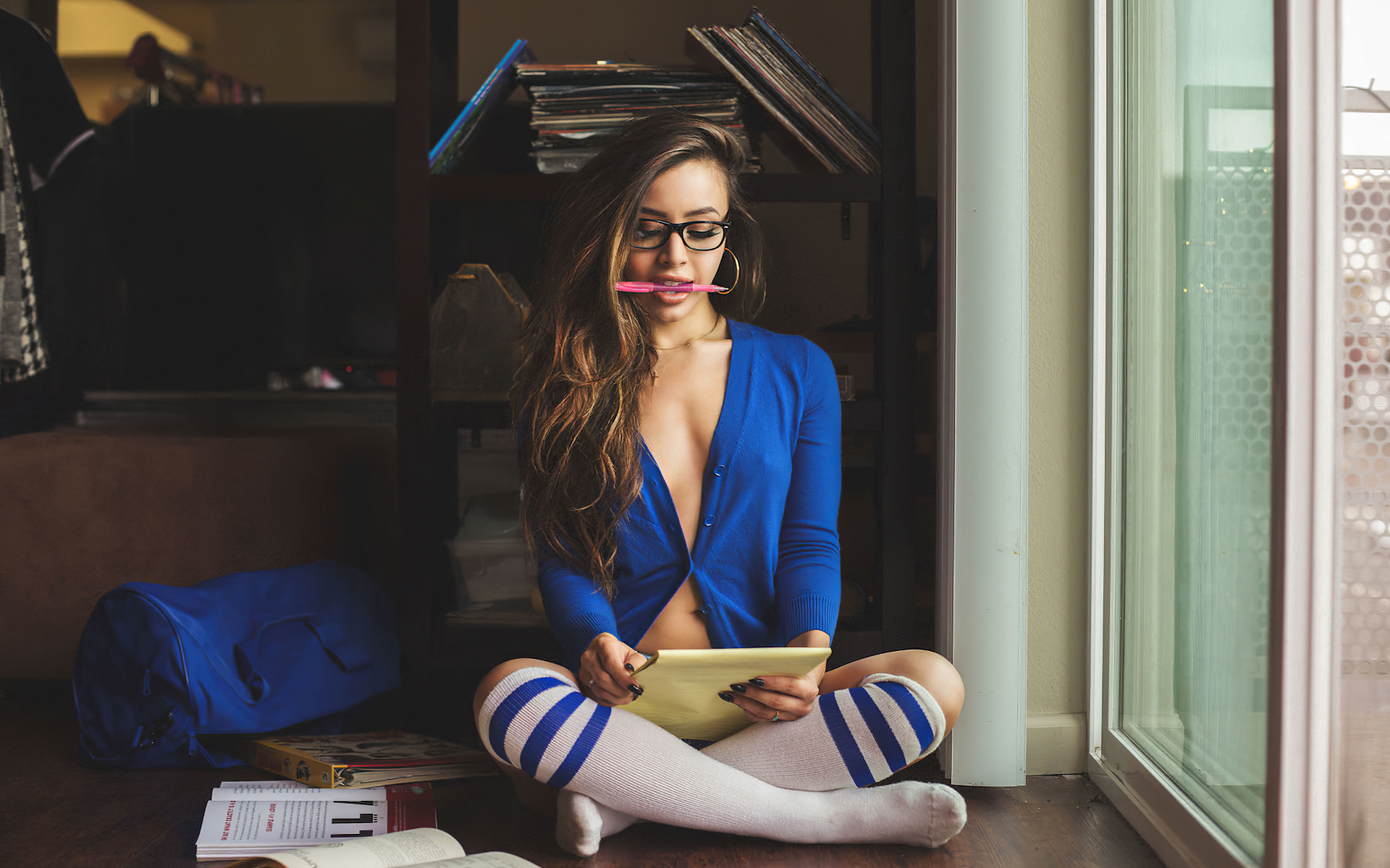 women with glasses, sweater, blue sweater, women, model, brunette, women indoors, knee-highs, knee high socks, books, black nails, pens, on the floor