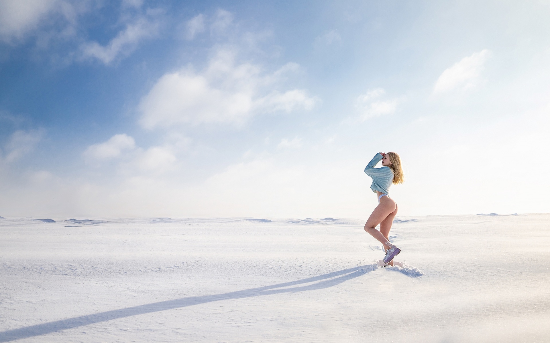 women outdoors, snow, hips, ass, women, model, blonde, white panties, sky, clouds, sweater, , , , 