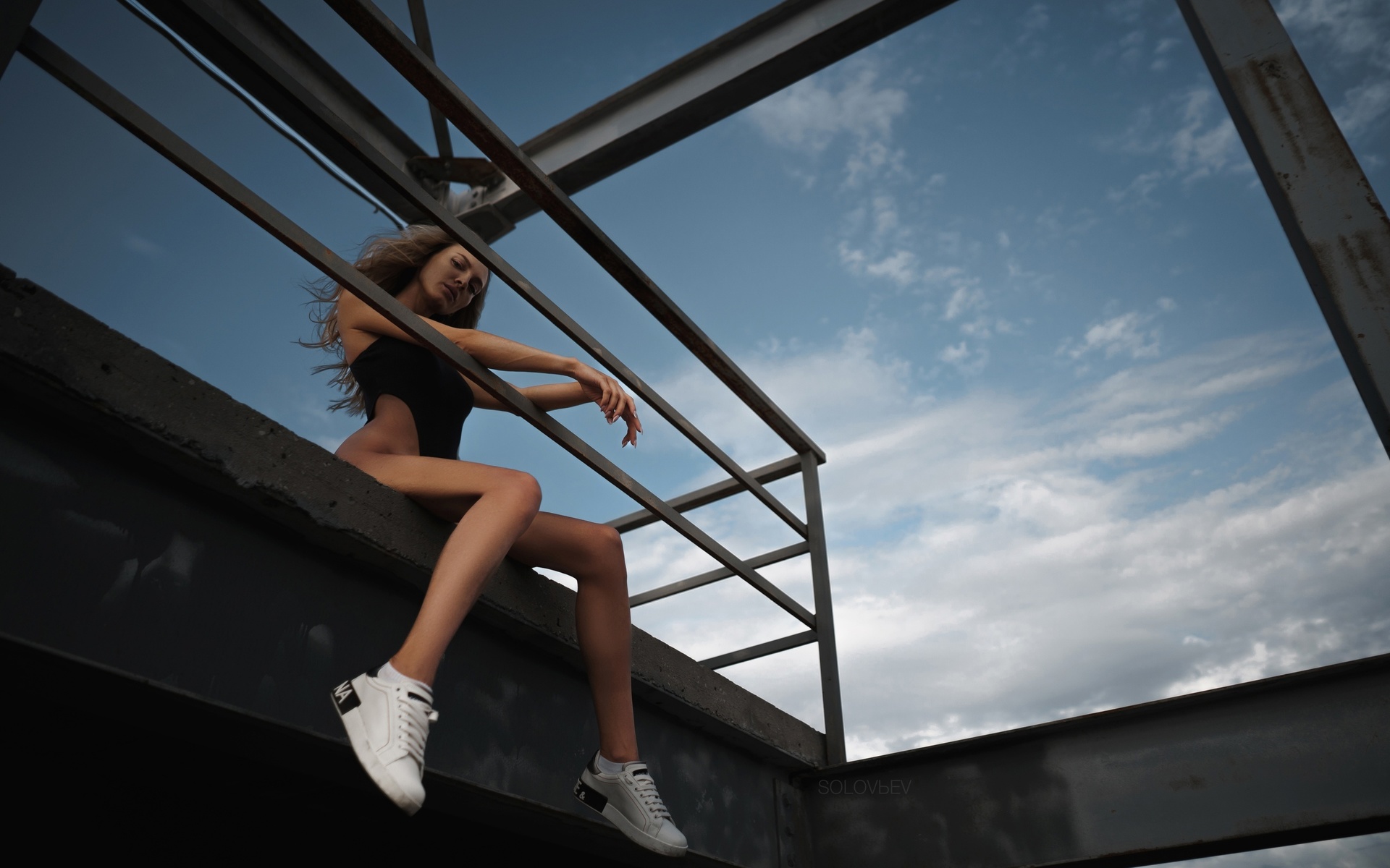 artem solovev, monokinis, women outdoors, hips, sky, clouds, rooftops, ass, women, model, blonde, sneakers, white sneakers