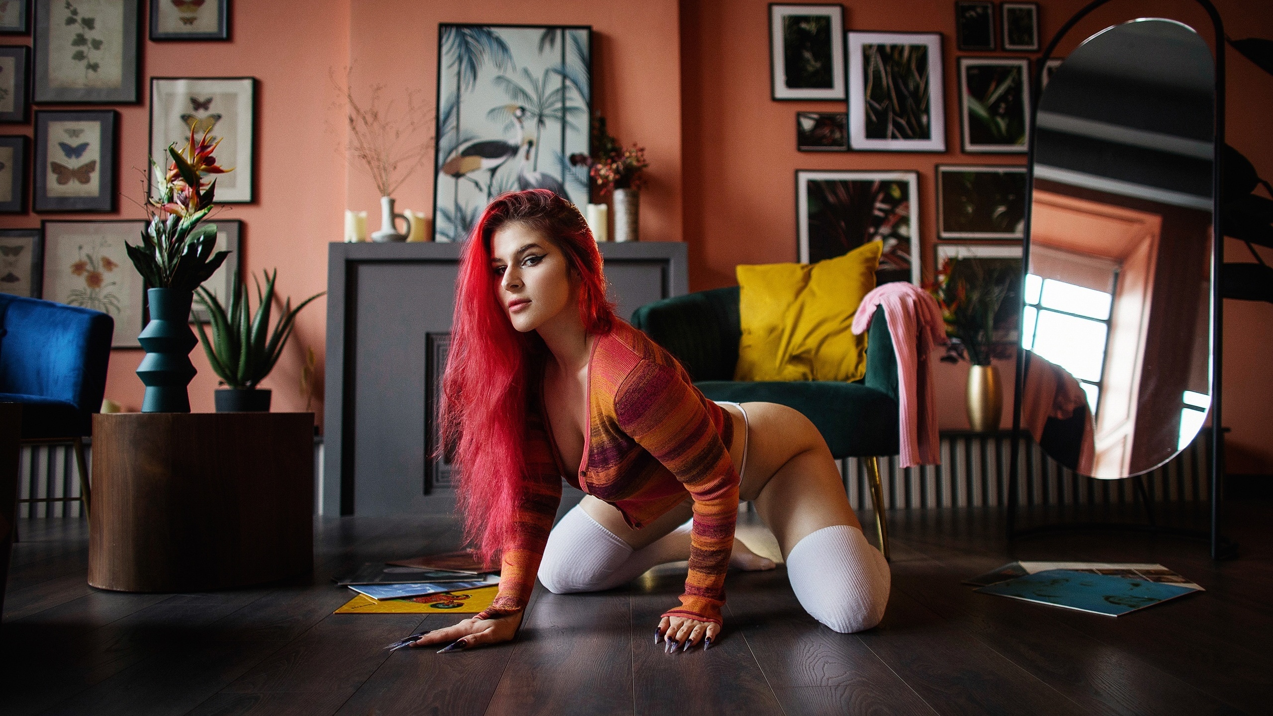 maksim chuprin, polina verdi, women indoors, bent over, ass, women, model, hips, redhead, white panties, striped sweaters, sweater, mirror, thigh high socks, white socks