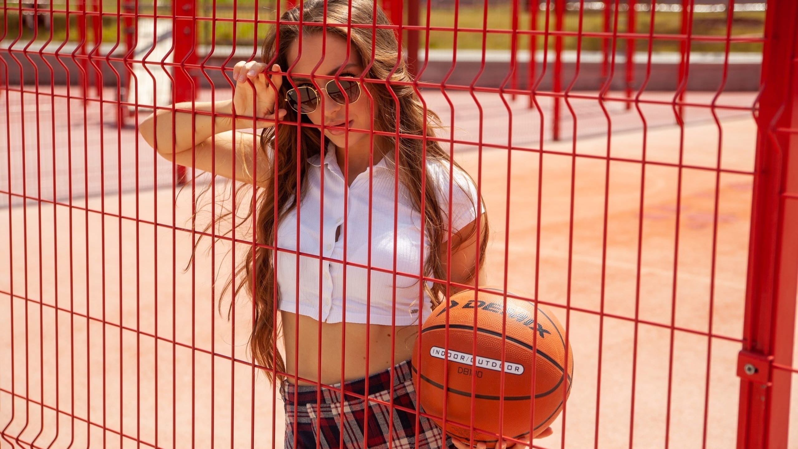 basketball ball, women outdoors, sunglasses, women, brunette, model, plaid skirt, short tops, t-shirt, white t-shirt