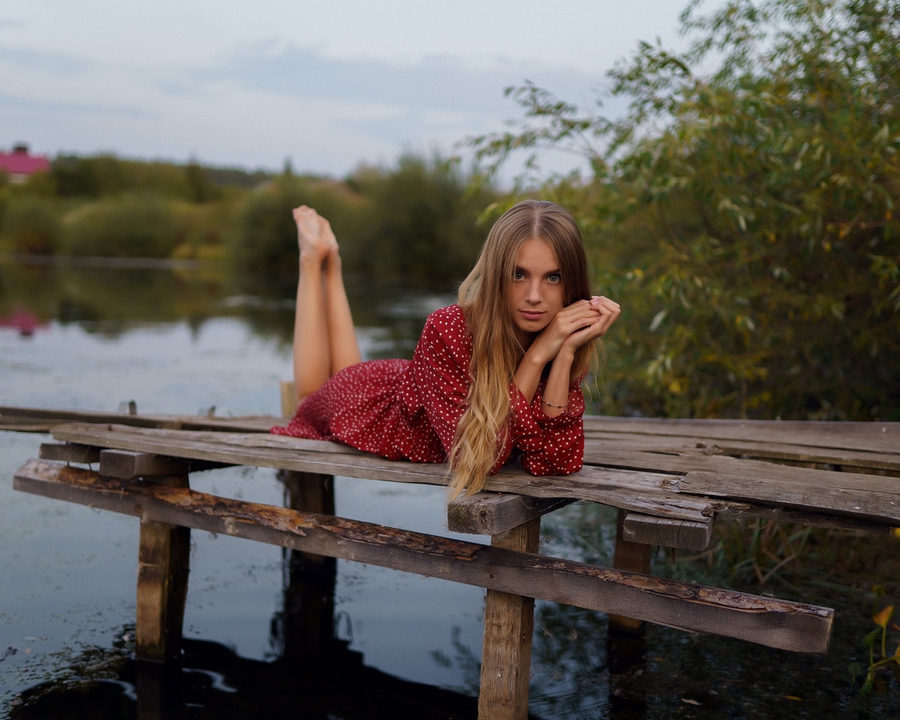 polka dots, women outdoors, lake, water, nature, sky, clouds, women, girl, model, blonde, looking at viewer, trees, dress, red dress