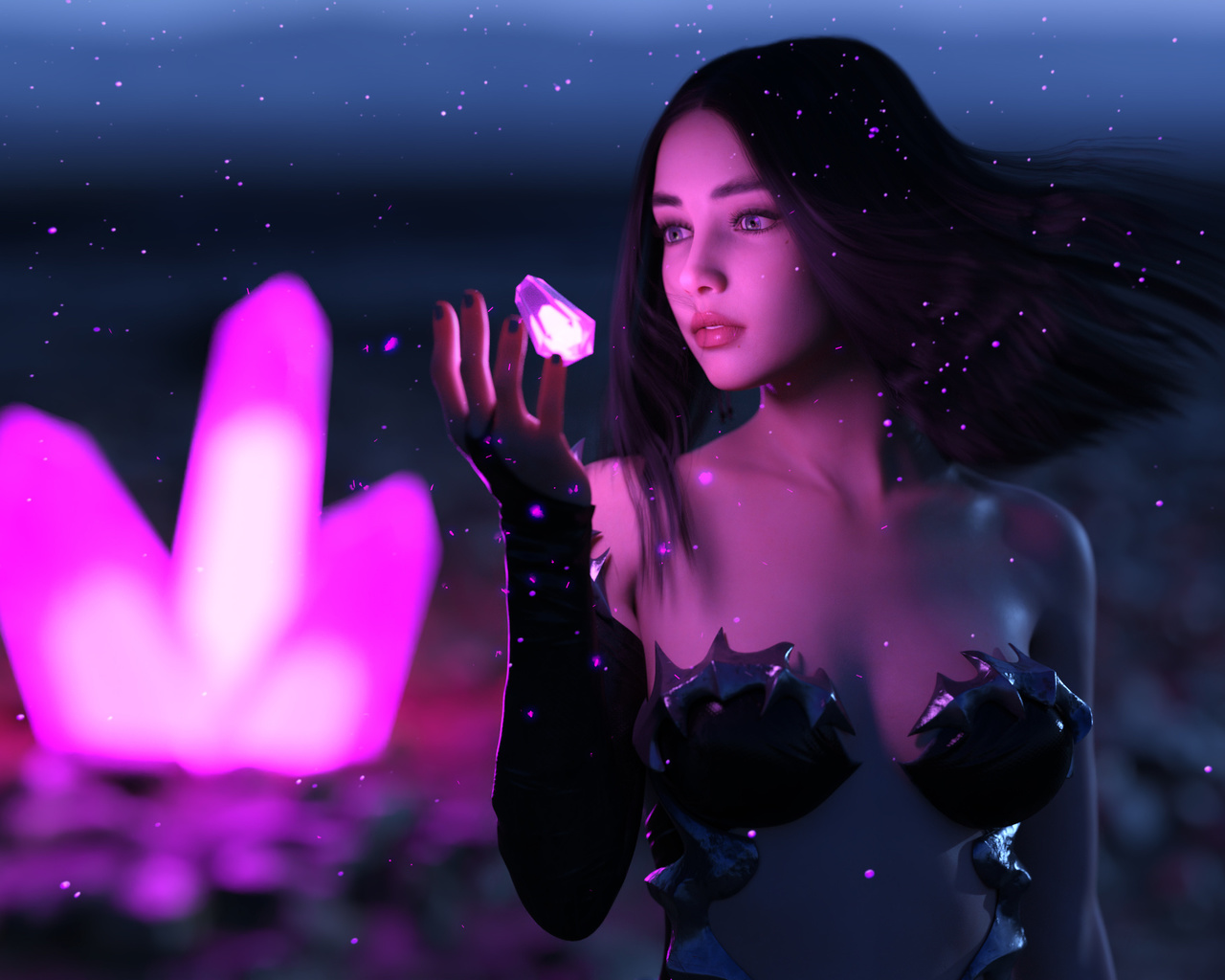 3d, women, dark hair, wind, armor, fantasy art, crystal, pink