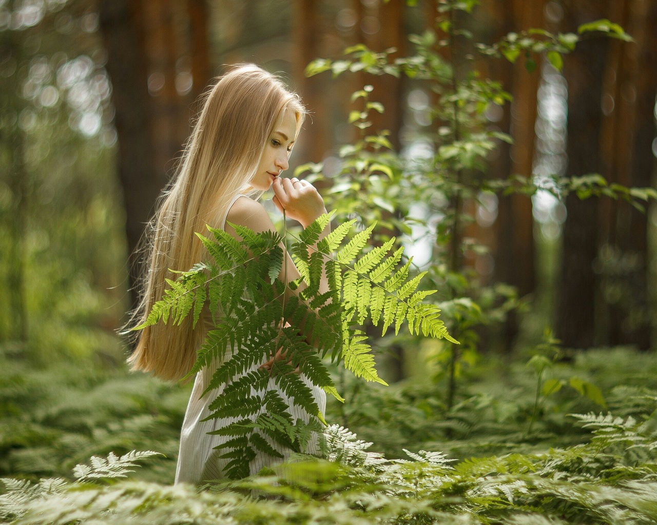 nature, plants, trees, blonde, women outdoors, model, women, white dress, forest, girl