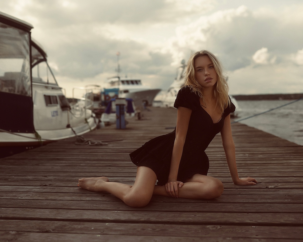 andrey popov, women outdoors, boat, sky clouds, black dress, nature, blonde, model, women, girl, water, looking at viewer