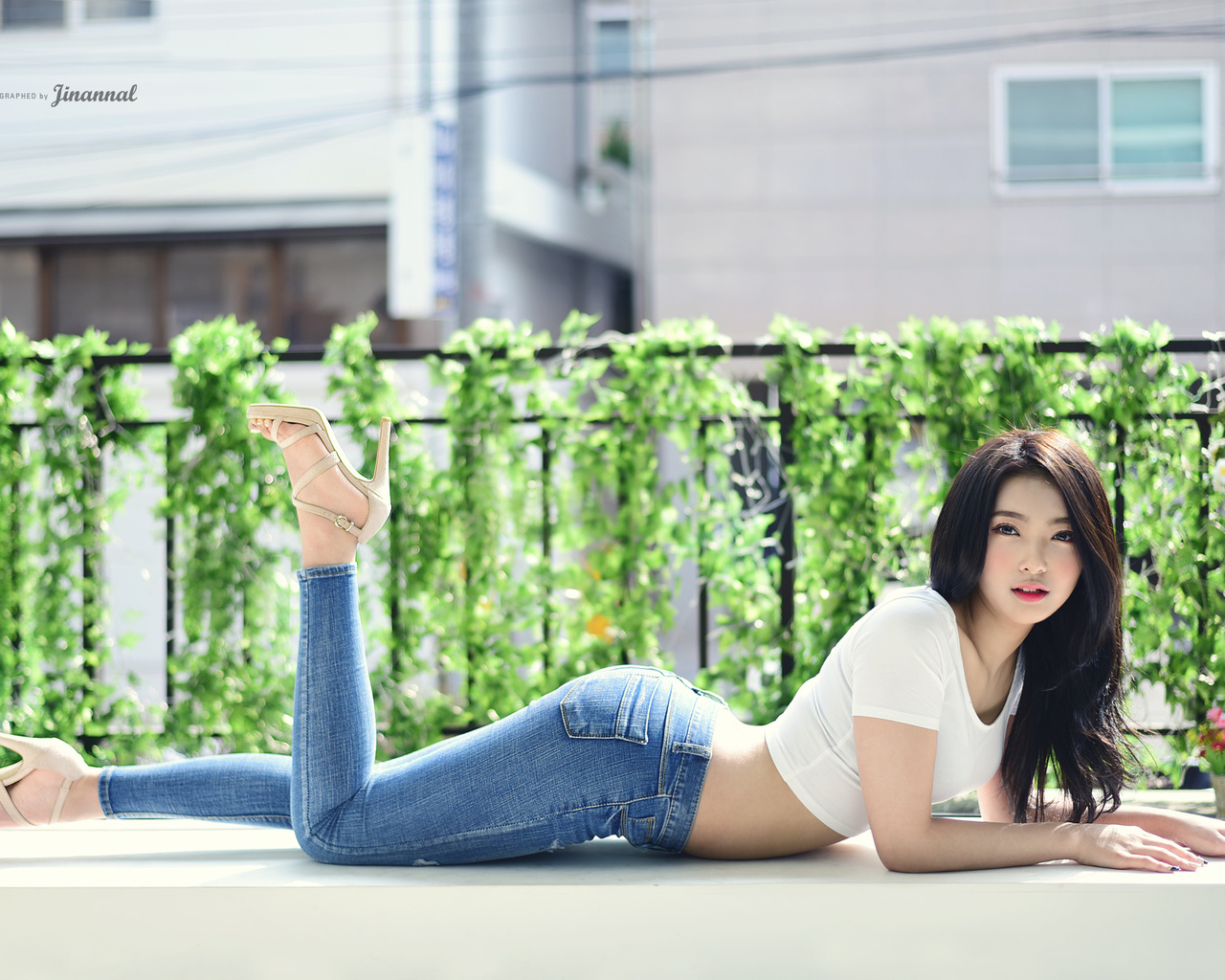 asian, jeans, short tops, t-shirt, high heels, black hair, white tops, tight jeans, lying on front, looking at viewer, brunette, women, model