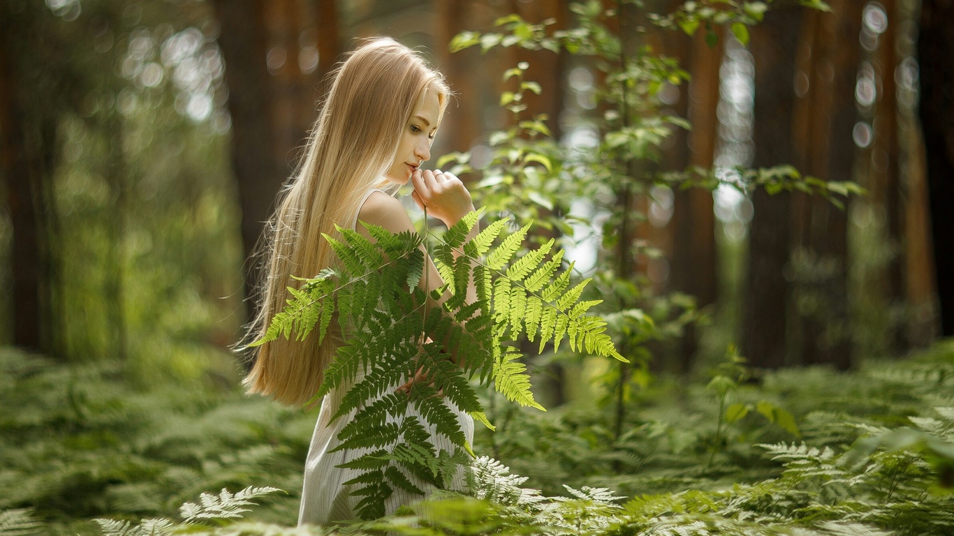 nature, plants, trees, blonde, women outdoors, model, women, white dress, forest, girl