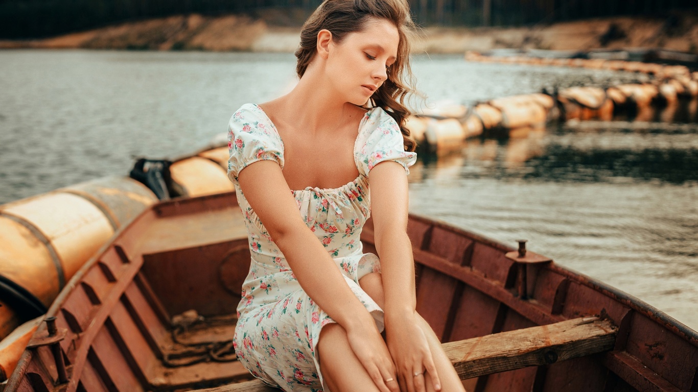 disha shemetova, boat, summer dress, women outdoors, lake, nature, trees, pine trees, brunette, model, women, sitting