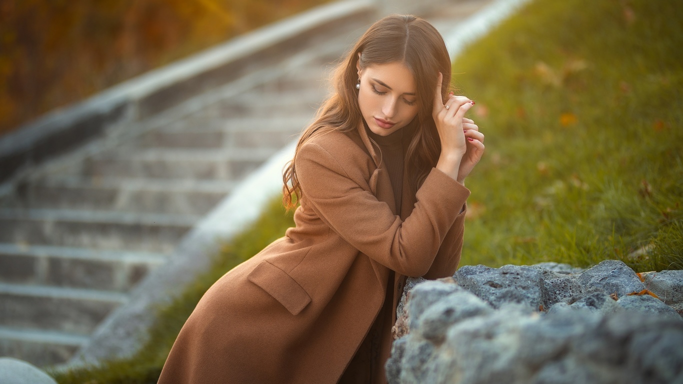 , dmitry shulgin, women, brunette, women outdoors, trench coat, brown coat, women, grass, stairs, red nails