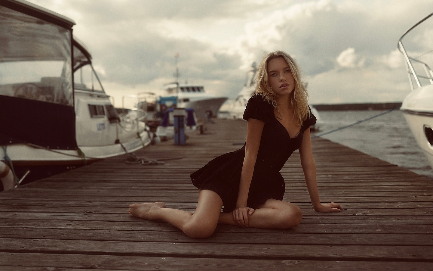 andrey popov, women outdoors, boat, sky clouds, black dress, nature, blonde, model, women, girl, water, looking at viewer