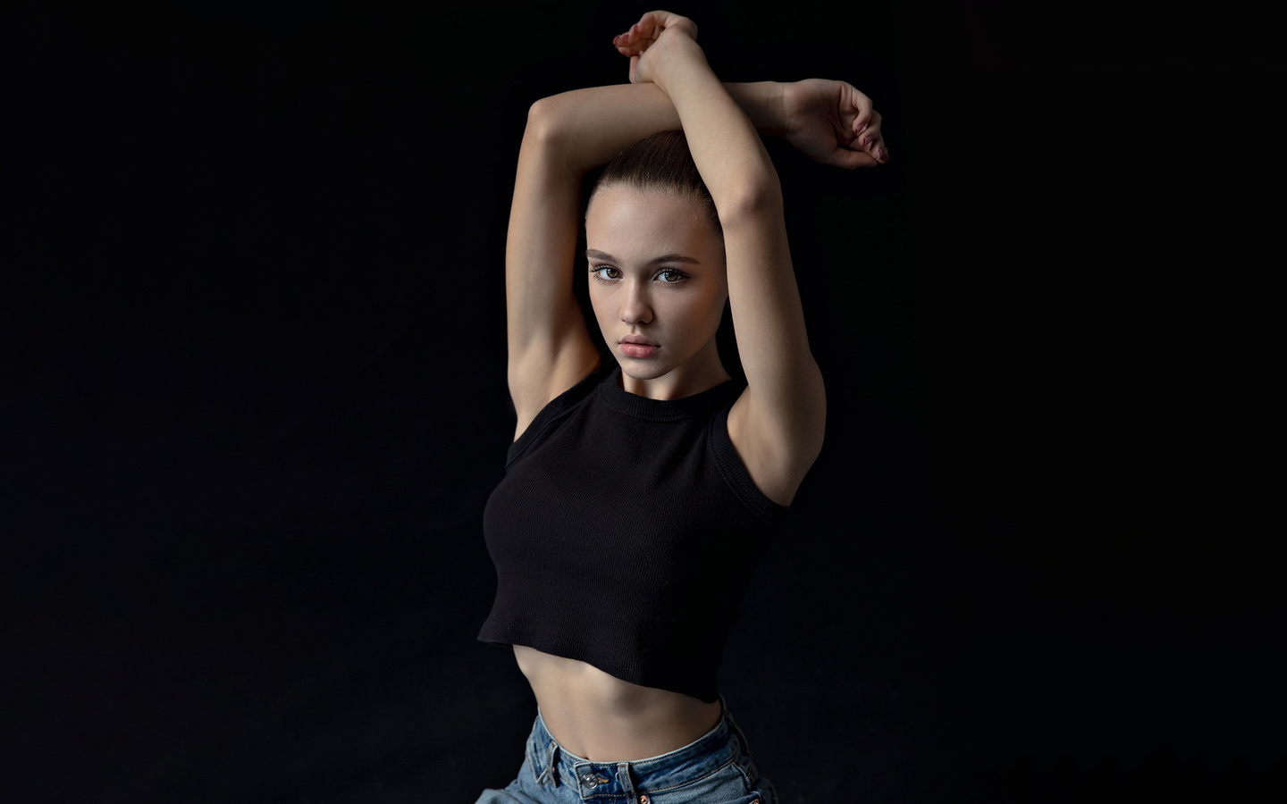 brunette, black top, women, model, jeans, women indoors, studio, girl, short tops, simple background, arms up, looking at viewer