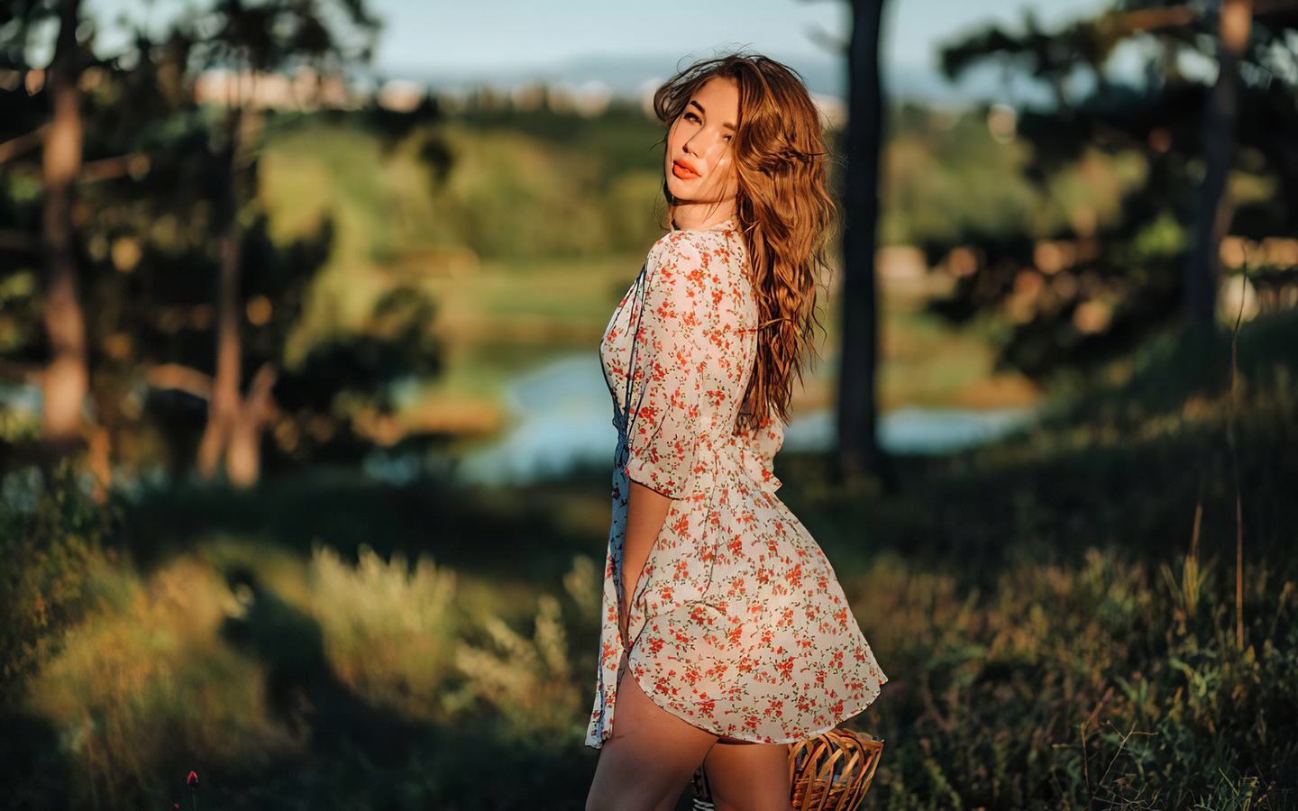 summer dress, nature, lake, grass, baskets, sky, , women outdoors, dress, women, model, brunette, redhead