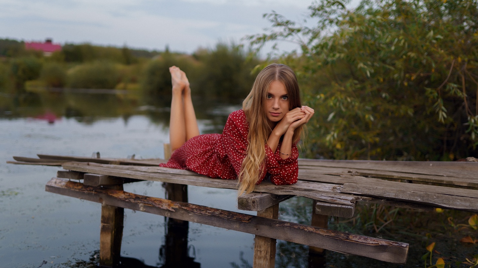 polka dots, women outdoors, lake, water, nature, sky, clouds, women, girl, model, blonde, looking at viewer, trees, dress, red dress