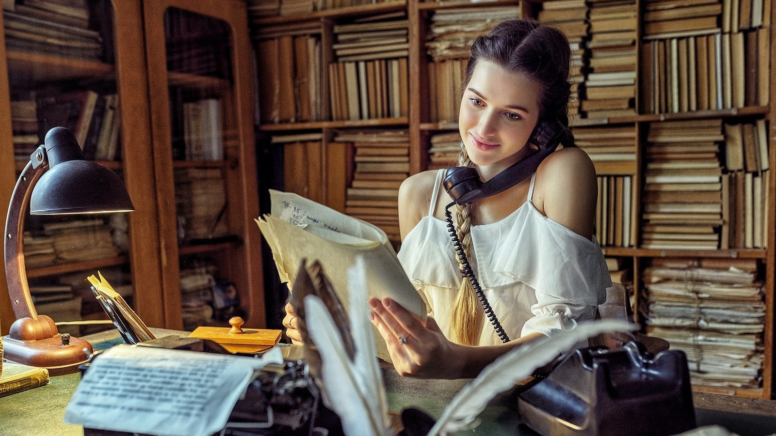 sergey marinov, girl, brunette, bookcase, lamp, desk, desk lamp, telephone, typewriter, braids, twintails, white blouse, women indoors, blouse