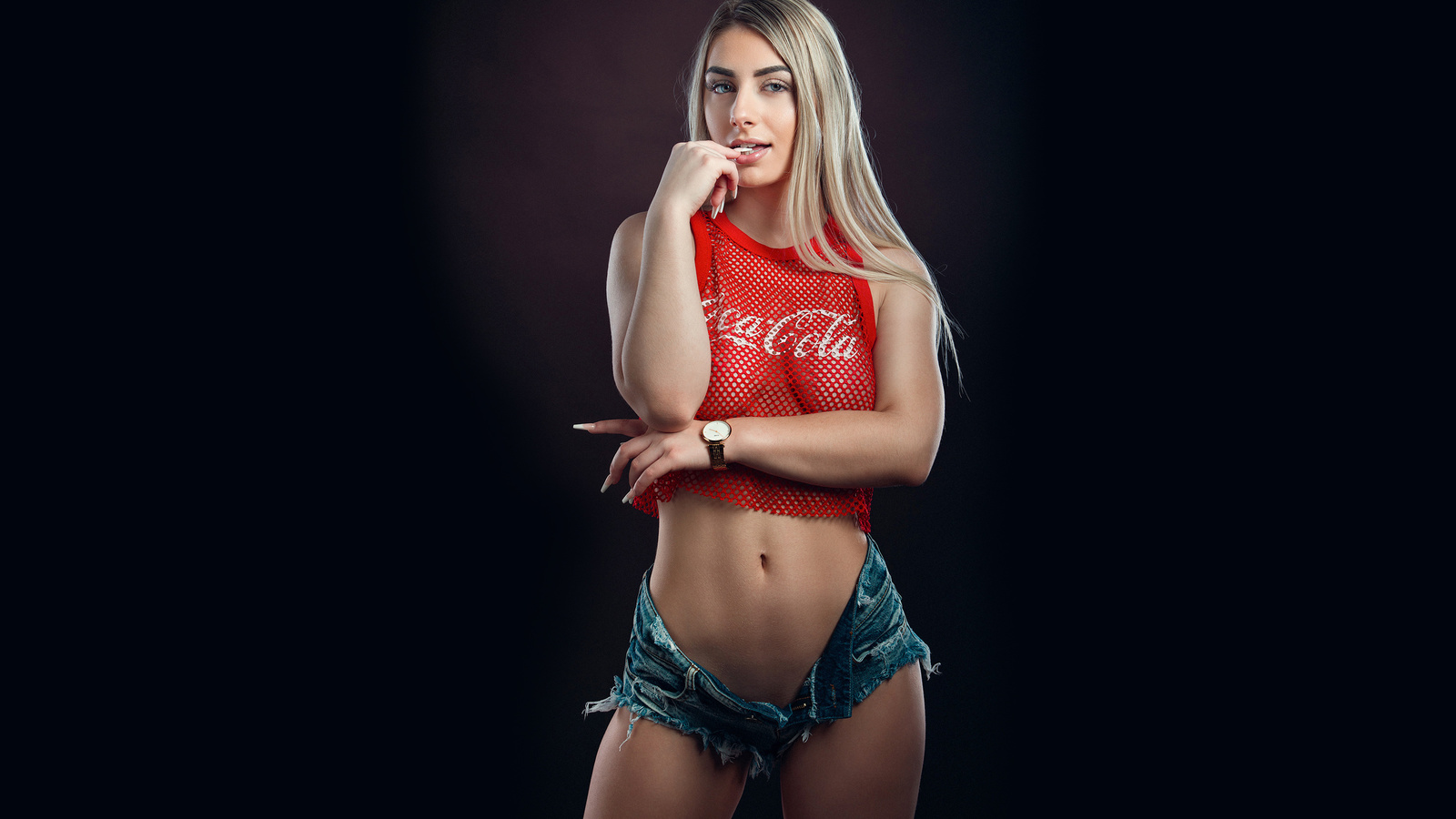 robert choquette, women, blonde, model, women indoors, studio, coca-cola, red tops, tank top, jean shorts, short shorts, open shorts, white nails, clock, watch, hips