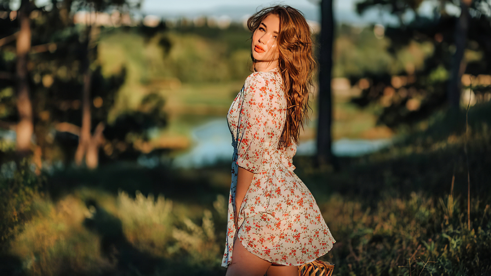 summer dress, nature, lake, grass, baskets, sky, , women outdoors, dress, women, model, brunette, redhead